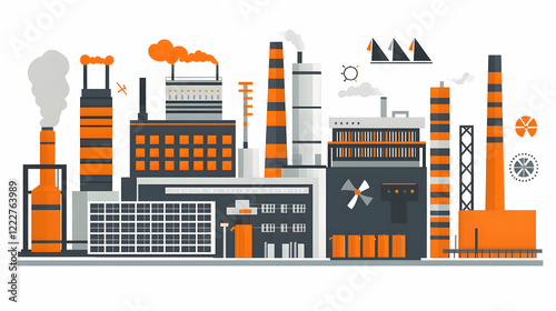 Industrial plant processing citrus, city background, infographic