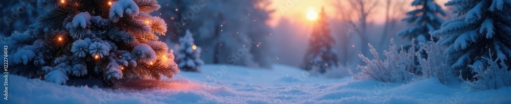 Fototapeta premium Frosty morning scene with Christmas tree lights and snow-covered ground, peaceful ambiance, frosty landscape