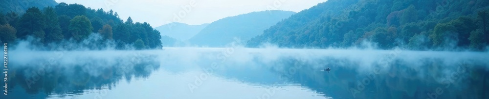 Fototapeta premium Gentle blue mist rising from a lake's surface, calm, blue mist, natural