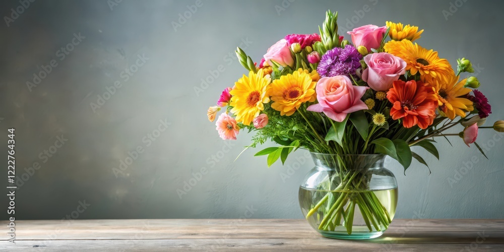 Fototapeta premium Colorful arrangement of fresh flowers in a vase with stems and foliage, bouquet, garden, bouquet, garden, color