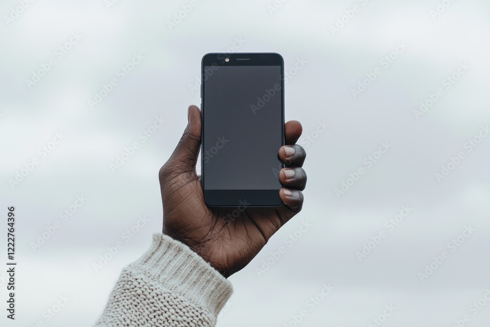 A hand holds a smartphone against a cloudy sky, showcasing the device's blank screen. A hand holds a smartphone against a cloudy sky, showcasing the device's blank screen.