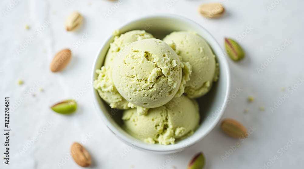 Green Pistachio Flavor Ice Cream Scoops in Bowl, Summer Treat Dessert Taste