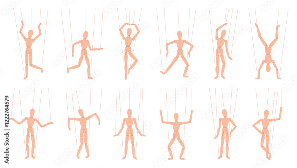 Wooden puppet doll. Marionette in different actives poses. Model for drawing, animation, sculpting. Wood model on control rope for theater, racy vector set Wooden puppet doll. Marionette in different actives poses. Model for drawing, animation, sculpting. Wood model on control rope for theater, racy vector set