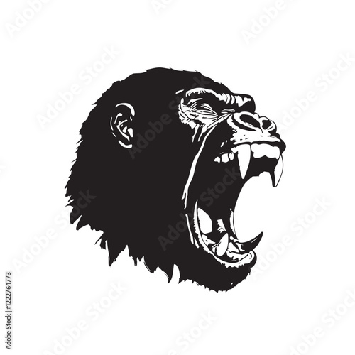 Silhouette vector of an aggressive gorilla face with an open mouth, showcasing raw power, intensity, and striking visual impact in bold black-and-white. Wildlife Animals.