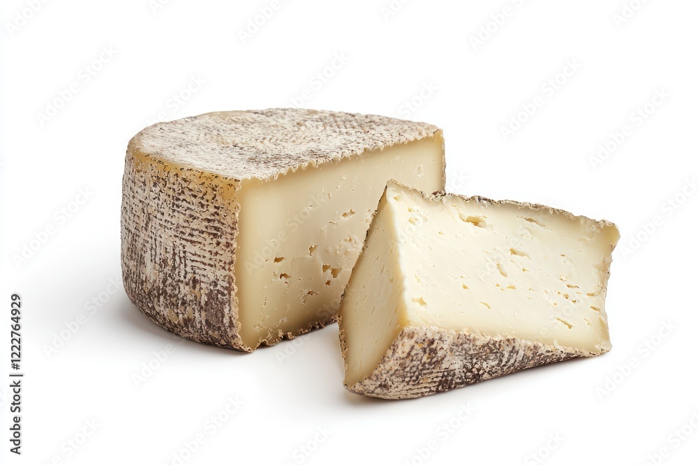 A wedge of cheese with a rustic rind and creamy interior, ideal for culinary use.