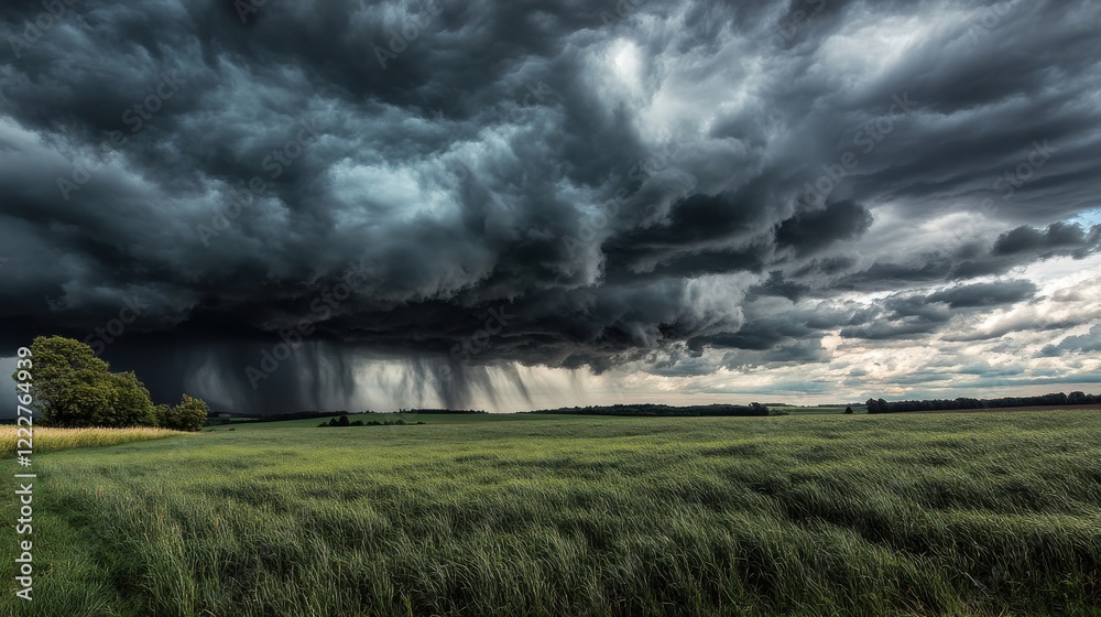 A timelapse captures the dramatic movement of a storm as it sweeps across a vast, open field, with dark clouds and pouring rain creating a powerful and intense scene. Bad weather. A timelapse captures the dramatic movement of a storm as it sweeps across a vast, open field, with dark clouds and pouring rain creating a powerful and intense scene. Bad weather.