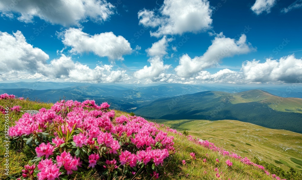 Magic pink rhododendron flowers on summer mountain. Blue sky and fluffy clouds. Magic pink rhododendron flowers on summer mountain. Blue sky and fluffy clouds.