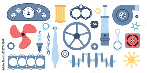 Boat spare parts. Equipment for repair and assembly ships or boats. Mechanical gears, joints, pipes, chains, ship control panel, recent vector clipart
