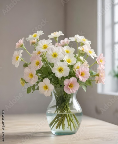 Wallpaper Mural Glass vase filled with fresh spring primroses in a soft pastel color palette , pastel colors, fresh flowers, home decor Torontodigital.ca