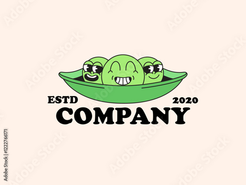 Pea pod logo cartoon hand drawn retro vintage vector for health food brands, vegan products, and grocery stores