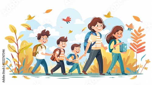 Joyful Mothers and Boys Walking to School Together. Diverse Classmates Enjoying Education Journey