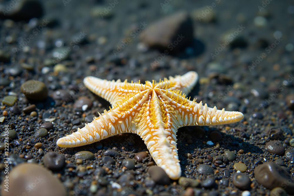 Close-up of starfish on rocky seabed with natural underwater light Close-up of starfish on rocky seabed with natural underwater light