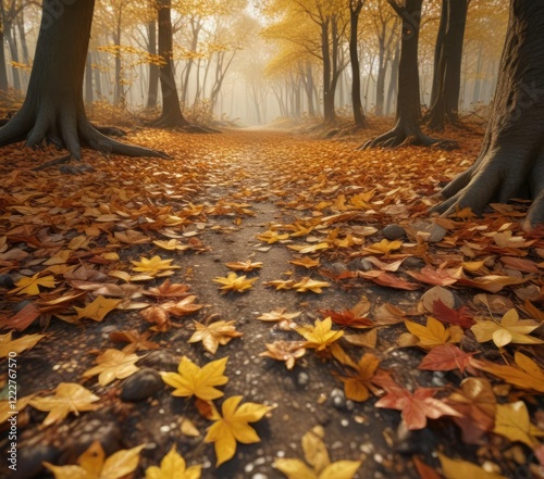 Golden brown leaves strewn across the forest floor like confetti , autumn, fall photo