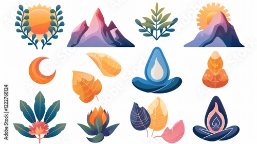 Colorful Cartoon Vector Set of Meditation Logos with Plants and Leaves photo