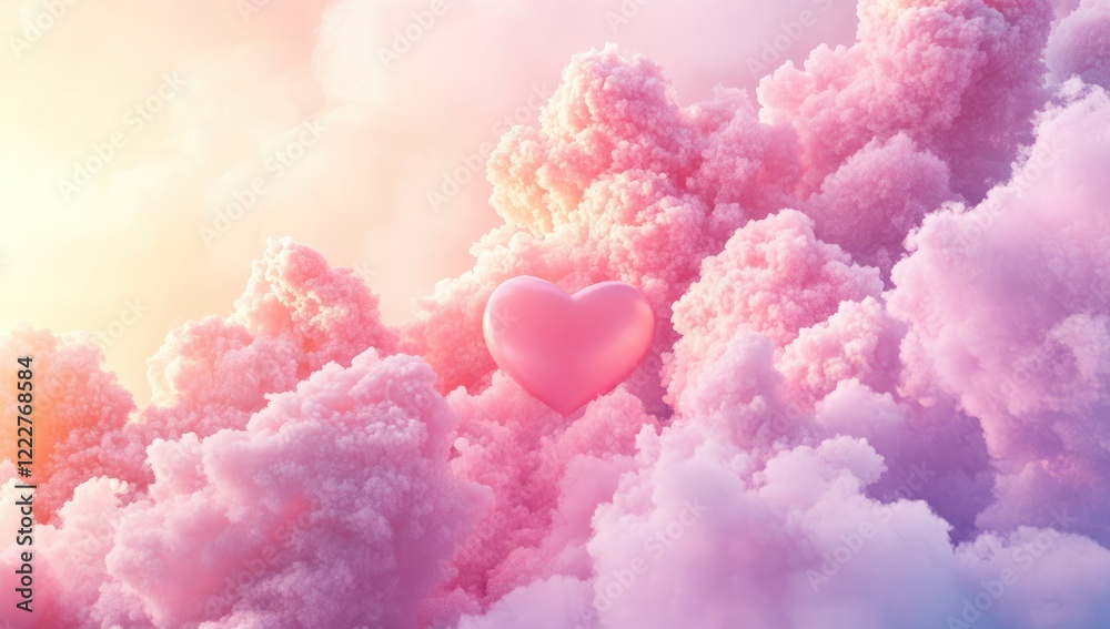 Fototapeta premium 3D Rendering of a Pink Heart-Shaped Cloud in the Sky with Sunset Light Background, Love Concept for Valentine's Day Card, Soft Pastel Colors and Dreamy Atmosphere