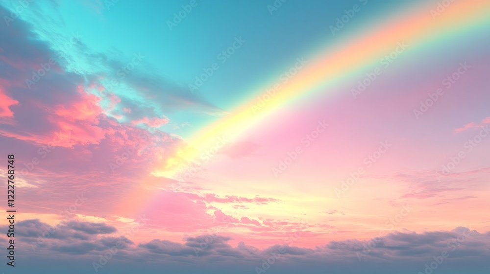 Obraz premium Clear sky with a soft pastel rainbow in light blue, pink, and yellow, evoking tranquility and peace