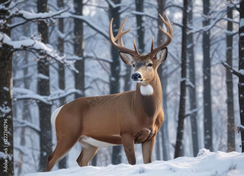 Wallpaper Mural Gorgeous white tailed buck standing amidst snow-covered trees, peaceful, wintertime, woodland creature Torontodigital.ca