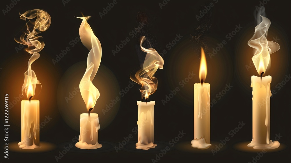 Fototapeta premium Realistic 3D Flaming Candles Wax Burning Candle Flame