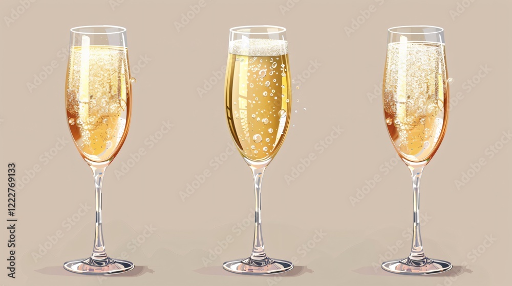 Elegant Realistic Champagne Glasses on White Background for Celebration Events and Toasting - 3D Rendered Isolated Glass with Sparkling Wine Elegant Realistic Champagne Glasses on White Background for Celebration Events and Toasting - 3D Rendered Isolated Glass with Sparkling Wine