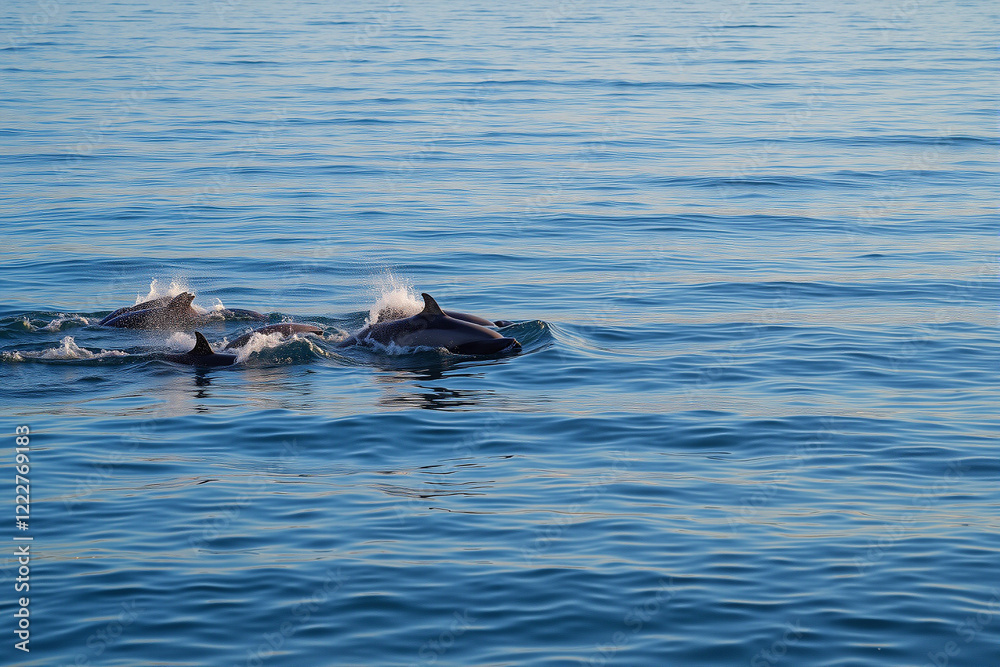 Naklejka premium Dolphins leaping in golden morning sunlight