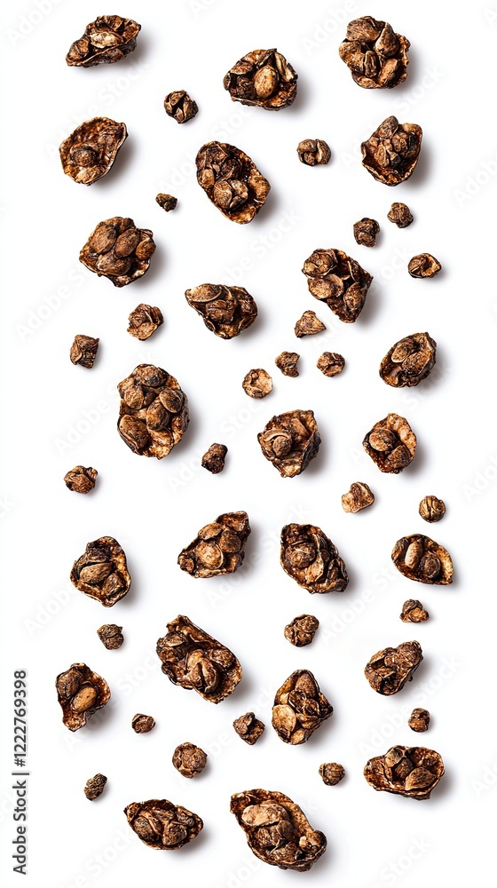 Obraz premium Roasted coffee beans falling, white background, food photography, website banner
