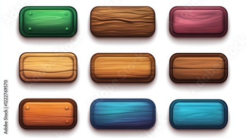 Ui panel buttons. Wood game button, menu board design elements. Cartoon graphics gaming web app, mobile environment bar recent vector set photo