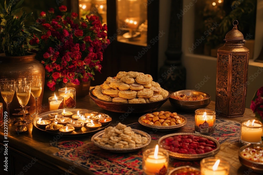 Naklejka premium A Diwali setup with candles, rangoli, and sweets
