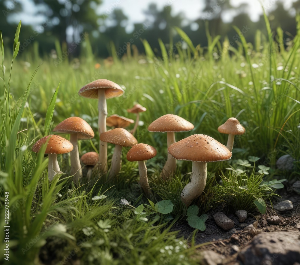 Group of assorted mushrooms growing in the wild surrounded by tall grass, environment, outdoors Group of assorted mushrooms growing in the wild surrounded by tall grass, environment, outdoors