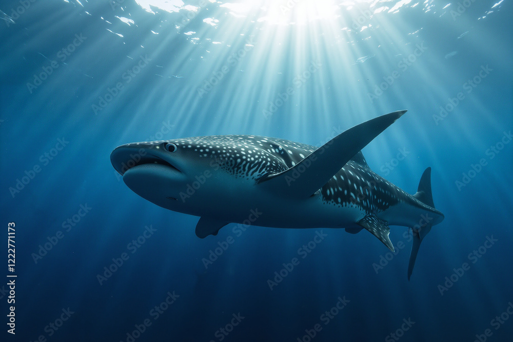 Fototapeta premium Whale shark swimming in sunlit ocean waters