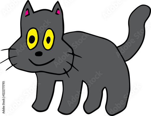 funny cartoon gray cat with yellow eyes and big cheeks standing and looking at the camera