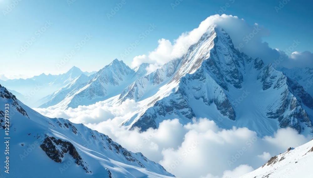 Fototapeta premium A massive snowstorm clouds the mountain range with swirling snowflakes, snowstorm, drifting snow