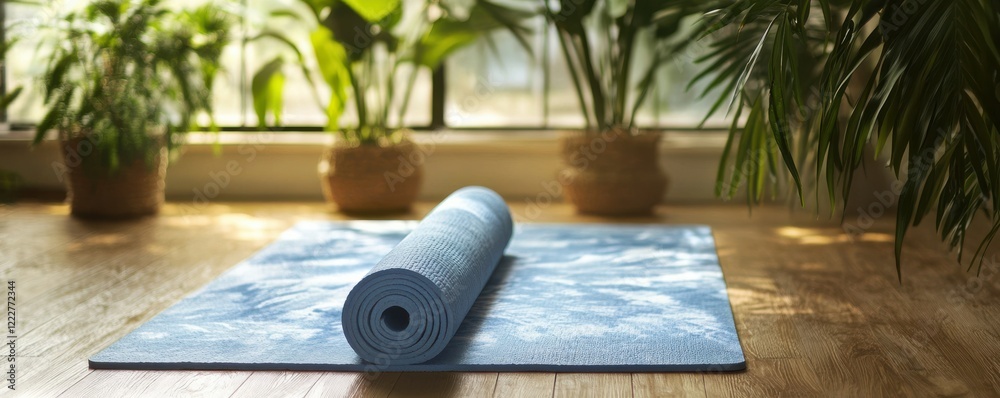 Peaceful home yoga space with rolled blue mat and lush green plants Peaceful home yoga space with rolled blue mat and lush green plants