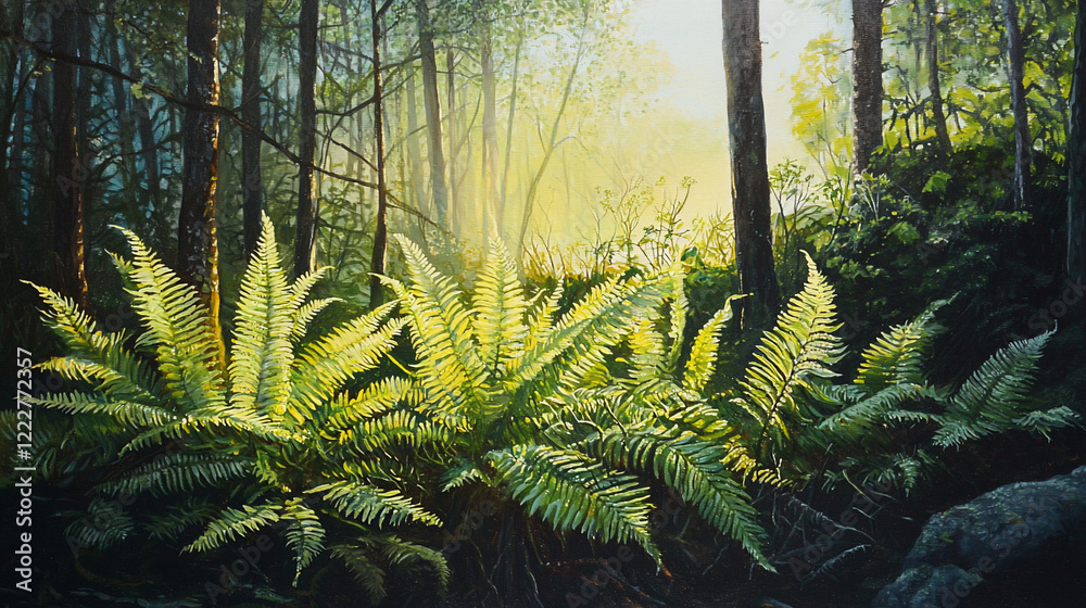 Fototapeta premium Lush green ferns illuminated by sunlight in a serene forest setting, showcasing nature's beauty