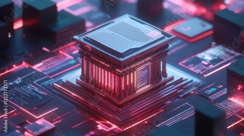 Futuristic digital showcasing of banking regulations and compliance documents, banking, regulations, compliance