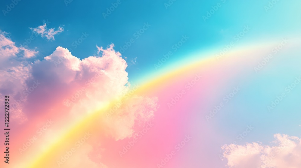 Soft pastel rainbow over a serene clear blue sky, featuring light blue, pink, and yellow in smooth flowing gradients Soft pastel rainbow over a serene clear blue sky, featuring light blue, pink, and yellow in smooth flowing gradients