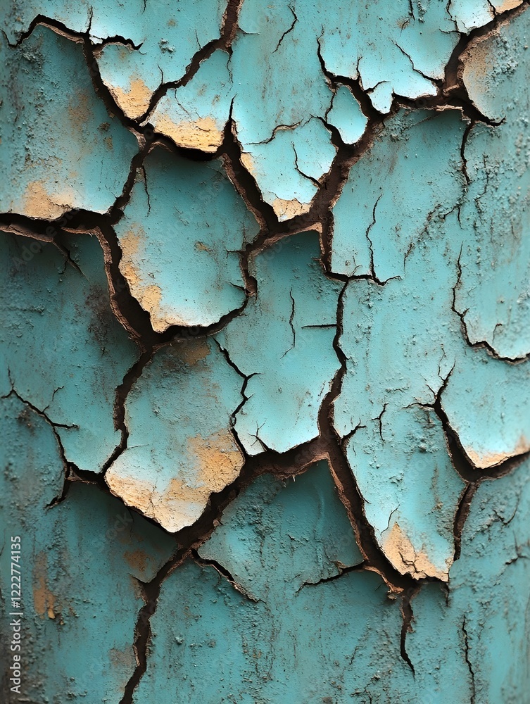 Obraz premium A background of cracked teal paint revealing soft brown wood underneath.