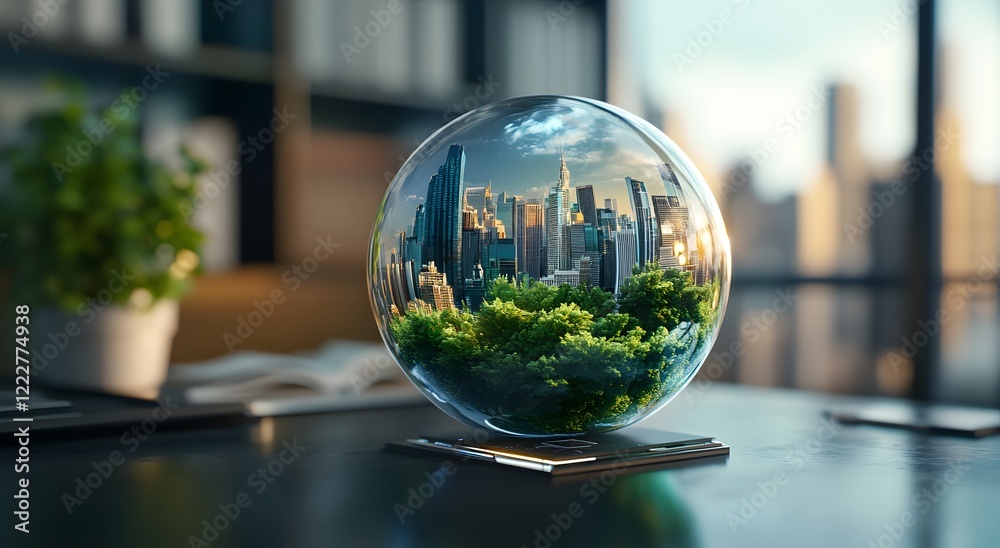A digital globe made of glass on a corporate office table, representing a developing sustainable environment and showcasing sustainable business practices in the renewable energy industry. A digital globe made of glass on a corporate office table, representing a developing sustainable environment and showcasing sustainable business practices in the renewable energy industry.