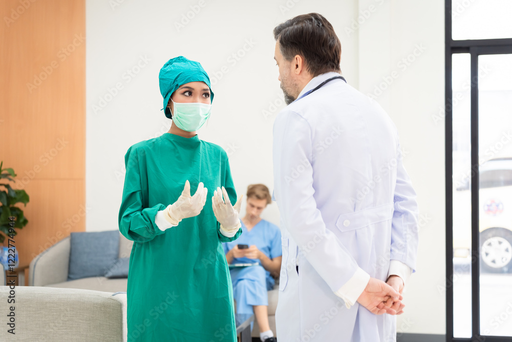 Obraz premium Professional medical senior doctors wearing stethoscopes and nurse in scrubs engage in discussion within hospital setting, physician specialties and white coat to diagnose heart attack symptom.
