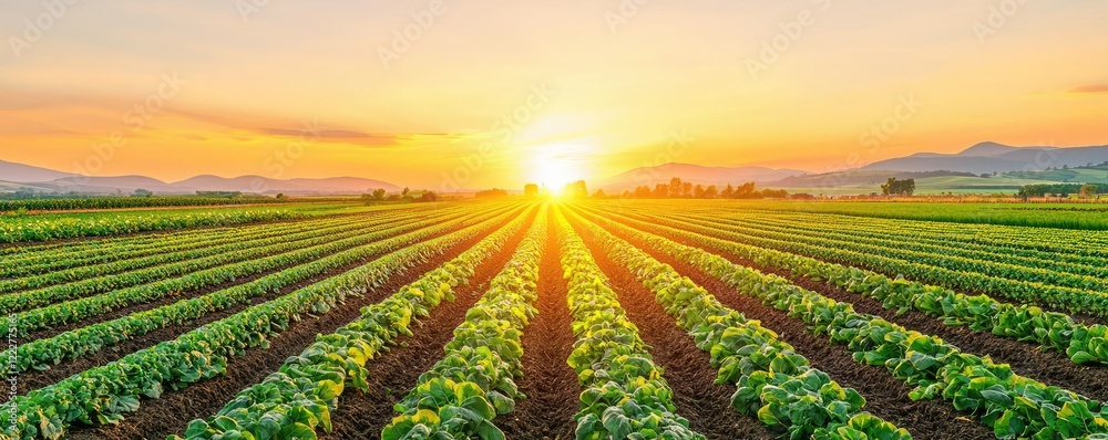 Small-scale farming gardening idea. A vibrant sunrise illuminates lush green fields, symbolizing growth and new beginnings. Small-scale farming gardening idea. A vibrant sunrise illuminates lush green fields, symbolizing growth and new beginnings.