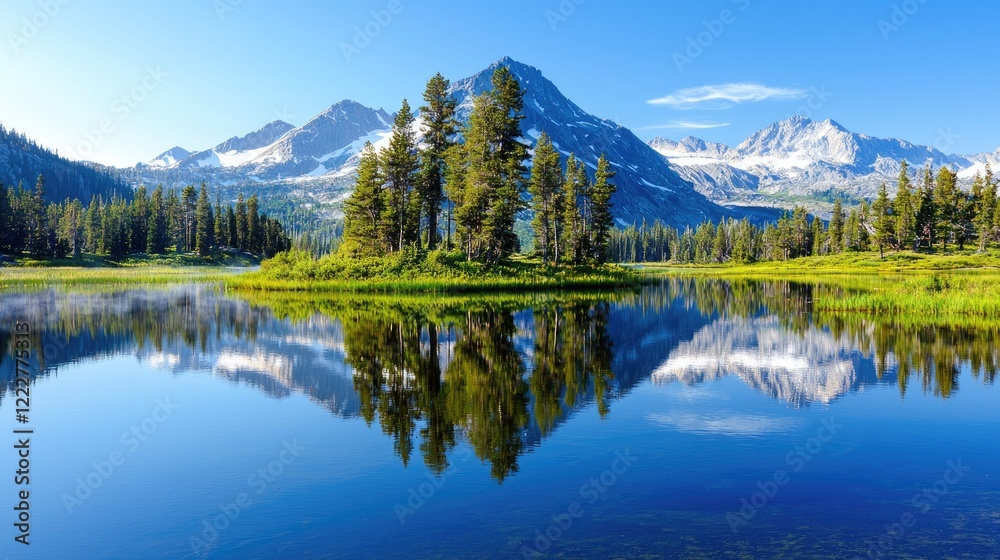 Mountain lake reflection, serene nature scene, ideal for travel brochures Mountain lake reflection, serene nature scene, ideal for travel brochures