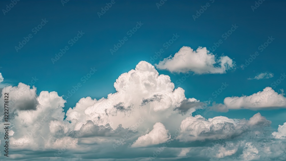 Scenic composition of fluffy white clouds against a bright blue sky with soft gradient hues, predominantly in the upper half of the frame. Scenic composition of fluffy white clouds against a bright blue sky with soft gradient hues, predominantly in the upper half of the frame.