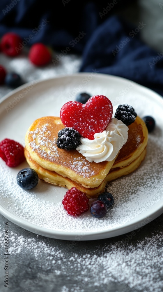 Heart-shaped pancakes topped with fresh berries and whipped cream, served on a white porcelain plate with powdered sugar Heart-shaped pancakes topped with fresh berries and whipped cream, served on a white porcelain plate with powdered sugar