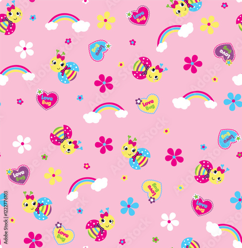 Seamless vector pattern of a cute ladybug with rainbow flowers and fluffy cloud decoration
