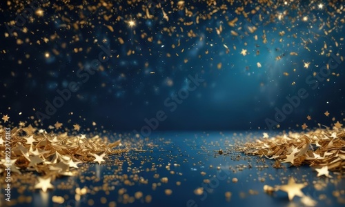 Glittering blue background with golden stars and shimmering confetti, shimmering, party, glittering