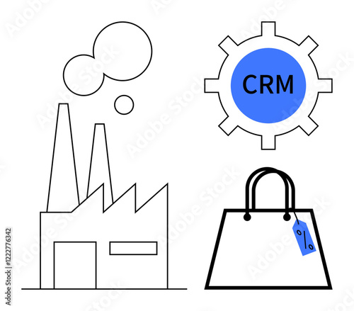 Factory with smoke, gear labeled CRM, and shopping bag with discount tag. Ideal for business process, CRM systems, commerce, retail, manufacturing, industrial operations supply chain abstract line