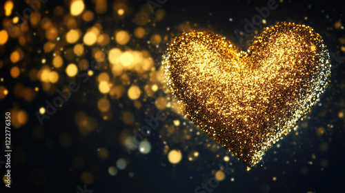 Heart Shape Made of Golden Glitter Particles on Black Background, Shiny and Glowing with Light Effects, Valentine's Day