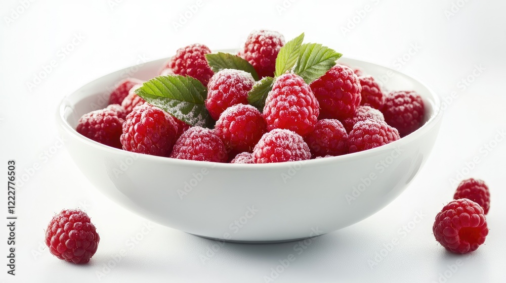 A perfectly styled bowl of raspberry puree with fresh berries and a touch of powdered sugar, set on a white backdrop A perfectly styled bowl of raspberry puree with fresh berries and a touch of powdered sugar, set on a white backdrop