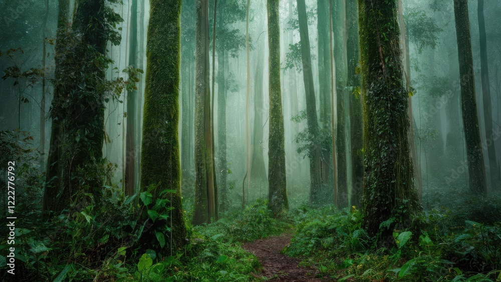 Fototapeta premium Lush green rainforest with tall trees covered in moss, shrouded in mist, creating an atmospheric and serene nature scene in deep forest greens.