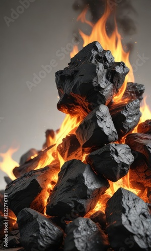 Glowing charcoal with flames on a light background, smoldering, scorch, warmth, glow, pyrolysis