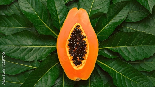 Cut ripe papaya showcasing vibrant orange flesh and black seeds, surrounded by lush green papaya leaves for a tropical edible theme.